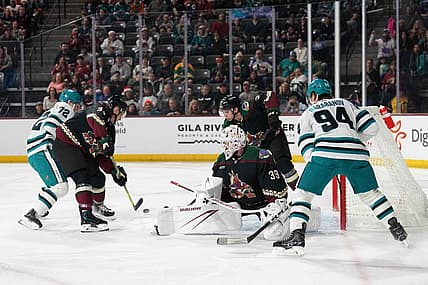 Dec 15, 2023; Tempe, Arizona, USA; Arizona Coyotes goaltender Connor Ingram (39) makes a save against the San Jose Sharks during the first period at Mullett Arena. Mandatory Credit: Joe Camporeale-USA TODAY Sports