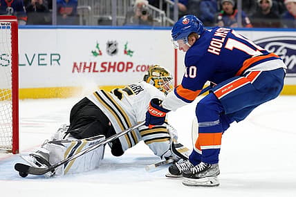 Dec 15, 2023; Elmont, New York, USA; New York Islanders right wing Simon Holmstrom (10) scores a goal against Boston Bruins goaltender Linus Ullmark (35) during the second period at UBS Arena. Mandatory Credit: Brad Penner-USA TODAY Sports