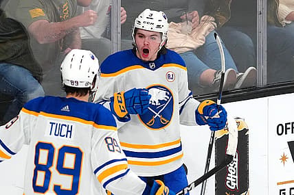 Dec 15, 2023; Las Vegas, Nevada, USA; Buffalo Sabres left wing Zach Benson (9) celebrates with Buffalo Sabres right wing Alex Tuch (89) after scoring a goal against the Vegas Golden Knights during the third period at T-Mobile Arena. Mandatory Credit: Stephen R. Sylvanie-USA TODAY Sports