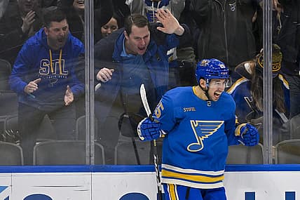 Dec 16, 2023; St. Louis, Missouri, USA;  St. Louis Blues center Jordan Kyrou (25) reacts after scoring against the Dallas Stars during the second period at Enterprise Center. Mandatory Credit: Jeff Curry-USA TODAY Sports