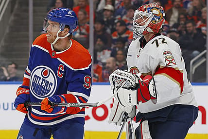 Dec 16, 2023; Edmonton, Alberta, CAN; Edmonton Oilers forward Connor McDavid (97) tries to screen Florida Panthers goaltender Sergei Bobrovsky (72) during the first period at Rogers Place. Mandatory Credit: Perry Nelson-USA TODAY Sports
