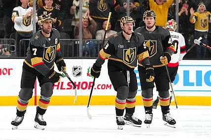 Dec 17, 2023; Las Vegas, Nevada, USA; Vegas Golden Knights center Jack Eichel (9) skates back to the bench after scoring a goal against the Ottawa Senators during the first period at T-Mobile Arena. Mandatory Credit: Stephen R. Sylvanie-USA TODAY Sports