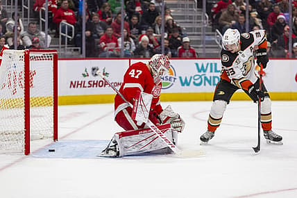 Dec 18, 2023; Detroit, Michigan, USA; The puck slips past Detroit Red Wings goaltender James Reimer (47) during the first period against the Anaheim Ducks at Little Caesars Arena. Mandatory Credit: Brian Bradshaw Sevald-USA TODAY Sports