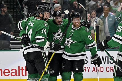 Dec 18, 2023; Dallas, Texas, USA; Dallas Stars center Matt Duchene (95) and defenseman Thomas Harley (55) and left wing Jamie Benn (14) and center Joe Pavelski (16) celebrate after Harley scores the game winning goal on a pass from Duchene against the Seattle Kraken during the overtime period at the American Airlines Center. Mandatory Credit: Jerome Miron-USA TODAY Sports