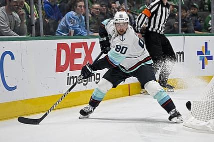 Dec 18, 2023; Dallas, Texas, USA; Seattle Kraken left wing Tomas Tatar (90) skates against the Dallas Stars during the third period at the American Airlines Center. Mandatory Credit: Jerome Miron-USA TODAY Sports