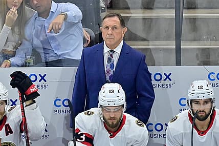 Dec 19, 2023; Tempe, Arizona, USA; Ottawa Senators interim head coach Jacques Martin looks on in the first period against the Arizona Coyotes at Mullett Arena. Mandatory Credit: Matt Kartozian-USA TODAY Sports