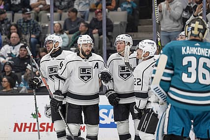 Dec 19, 2023; San Jose, California, USA; Los Angeles Kings celebrate after the goal during the first period against the San Jose Sharks at SAP Center at San Jose. Mandatory Credit: Neville E. Guard-USA TODAY Sports