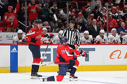 Dec 20, 2023; Washington, District of Columbia, USA; Washington Capitals center Hendrix Lapierre (29) celebrates after scoring a goal against the New York Islanders in the first period at Capital One Arena. Mandatory Credit: Geoff Burke-USA TODAY Sports