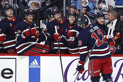 Dec 20, 2023; Winnipeg, Manitoba, CAN; Winnipeg Jets center Gabriel Vilardi (13) celebrates his second period goal against the Detroit Red Wings at Canada Life Centre. Mandatory Credit: James Carey Lauder-USA TODAY Sports