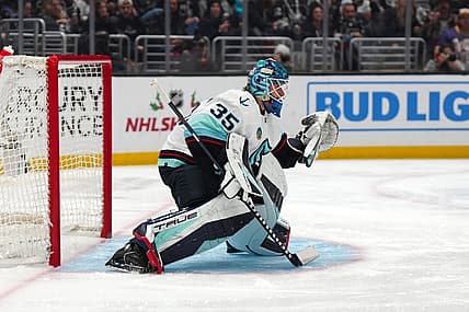 Dec 20, 2023; Los Angeles, California, USA; Seattle Kraken goaltender Joey Daccord (35) defends the goal against the LA Kings in the second period at Crypto.com Arena. Mandatory Credit: Kirby Lee-USA TODAY Sports