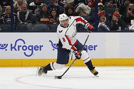 Dec 21, 2023; Columbus, Ohio, USA; Washington Capitals left wing Alex Ovechkin (8) shoots against the Columbus Blue Jackets during the second period at Nationwide Arena. Mandatory Credit: Russell LaBounty-USA TODAY Sports