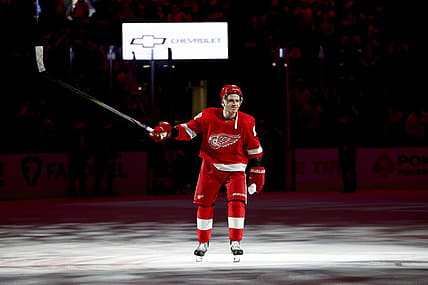 Dec 22, 2023; Detroit, Michigan, USA;  Detroit Red Wings right wing Patrick Kane (88) celebrates after defeating the Philadelphia Flyers at Little Caesars Arena. Mandatory Credit: Rick Osentoski-USA TODAY Sports
