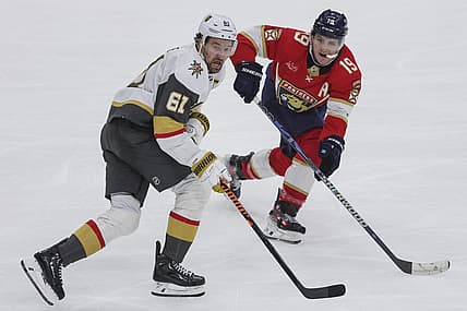 Dec 23, 2023; Sunrise, Florida, USA; Vegas Golden Knights right wing Mark Stone (61) and Florida Panthers left wing Matthew Tkachuk (19) look on during the third period at Amerant Bank Arena. Mandatory Credit: Sam Navarro-USA TODAY Sports