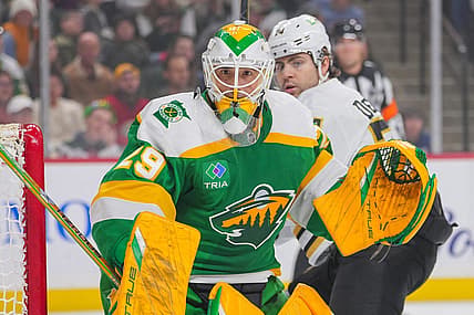 Dec 23, 2023; Saint Paul, Minnesota, USA; Minnesota Wild goaltender Marc-Andre Fleury (29) watches the puck against the Boston Bruins in the first period at Xcel Energy Center. Mandatory Credit: Brad Rempel-USA TODAY Sports
