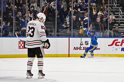 Dec 23, 2023; St. Louis, Missouri, USA;  St. Louis Blues center Jordan Kyrou (25) reacts after scoring against the Chicago Blackhawks during the third period at Enterprise Center. Mandatory Credit: Jeff Curry-USA TODAY Sports