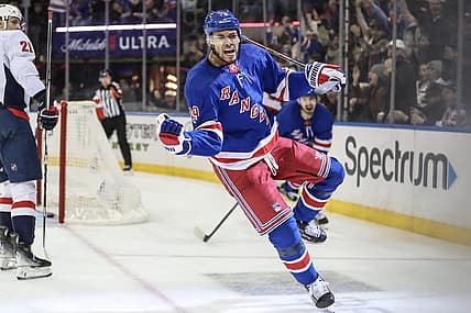 Dec 27, 2023; New York, New York, USA; New York Rangers defenseman K'Andre Miller (79) celebrates after scoring a goal in the second period against the Washington Capitals at Madison Square Garden. Mandatory Credit: Wendell Cruz-USA TODAY Sports