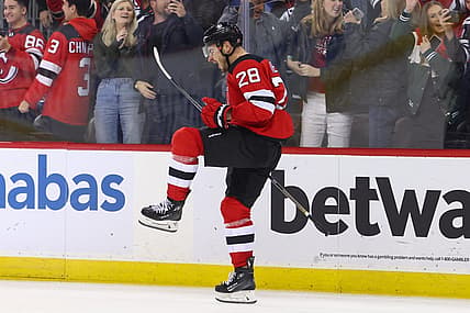 Dec 27, 2023; Newark, New Jersey, USA; New Jersey Devils right wing Timo Meier (28) celebrates his game winning goal against the Columbus Blue Jackets during overtime at Prudential Center. Mandatory Credit: Ed Mulholland-USA TODAY Sports