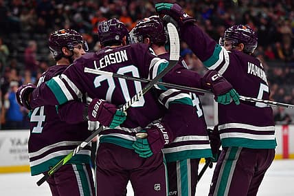 Dec 27, 2023; Anaheim, California, USA; Anaheim Ducks celebrate the goal scored by right wing Brett Leason (20) against the Vegas Golden Knights during the first period at Honda Center. Mandatory Credit: Gary A. Vasquez-USA TODAY Sports