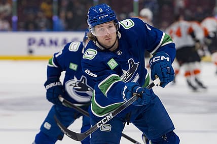 Dec 28, 2023; Vancouver, British Columbia, CAN; Vancouver Canucks forward Brock Boeser (6) shoots during warm up prior to a game against the Philadelphia Flyers at Rogers Arena. Mandatory Credit: Bob Frid-USA TODAY Sports