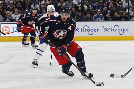 Dec 29, 2023; Columbus, Ohio, USA; Columbus Blue Jackets left wing Johnny Gaudreau (13) controls the puck against the Toronto Maple Leafs during the first period at Nationwide Arena. Mandatory Credit: Russell LaBounty-USA TODAY Sports