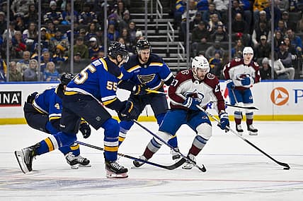 Dec 29, 2023; St. Louis, Missouri, USA;  Colorado Avalanche left wing Jonathan Drouin (27) controls the puck as St. Louis Blues defenseman Colton Parayko (55) defends during the first period at Enterprise Center. Mandatory Credit: Jeff Curry-USA TODAY Sports
