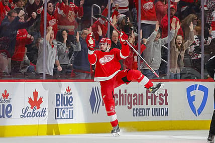 Dec 29, 2023; Detroit, Michigan, USA; Detroit Red Wings defenseman Jake Walman (96) celebrates his goal during the third period of the game between the Detroit Red Wings and the Nashville Predators at Little Caesars Arena. Mandatory Credit: Brian Bradshaw Sevald-USA TODAY Sports