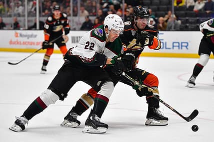 Dec 29, 2023; Anaheim, California, USA; Arizona Coyotes center Jack McBain (22) moves the puck against Anaheim Ducks defenseman Jamie Drysdale (6) during the first period at Honda Center. Mandatory Credit: Gary A. Vasquez-USA TODAY Sports