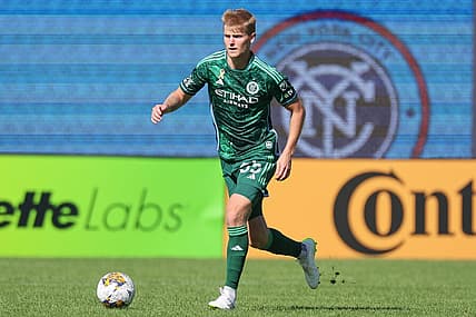 Sep 2, 2023; New York, New York, USA; New York City FC midfielder Keaton Parks (55) controls the ball against the Vancouver Whitecaps during the first half at Yankee Stadium. Mandatory Credit: Vincent Carchietta-USA TODAY Sports