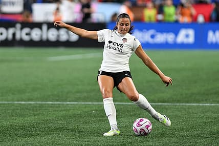 Oct 6, 2023; Seattle, Washington, USA; Washington Spirit defender Sam Staab (3) takes a free kick during the second half against OL Reign at Lumen Field. Mandatory Credit: Steven Bisig-USA TODAY Sports