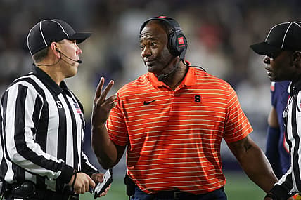 Nov 18, 2023; Atlanta, Georgia, USA; Syracuse Orange head coach Dino Babers talks to a referee against the Georgia Tech Yellow Jackets in the first half at Bobby Dodd Stadium at Hyundai Field. Mandatory Credit: Brett Davis-USA TODAY Sports