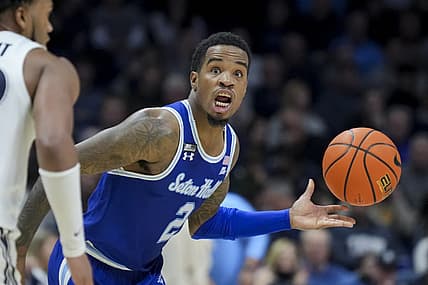 Dec 23, 2023; Cincinnati, Ohio, USA;  Seton Hall Pirates guard Al-Amir Dawes (2) reacts as he dribbles the ball against the Xavier Musketeers in the second half at the Cintas Center. Mandatory Credit: Aaron Doster-USA TODAY Sports