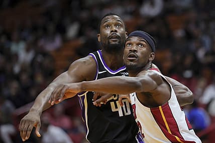 Jan 31, 2024; Miami, Florida, USA; Miami Heat forward Jimmy Butler (22) guards Sacramento Kings forward Harrison Barnes (40) during a free throw attempts in the first quarter at Kaseya Center. Mandatory Credit: Sam Navarro-USA TODAY Sports