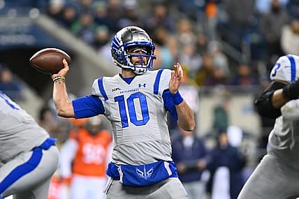 Feb 23, 2023; Seattle, WA, USA; St. Louis Battlehawks quarterback AJ McCarron (10) passes the ball against the Seattle Sea Dragons during the first half at Lumen Field. St Louis defeated Seattle 20-18. Mandatory Credit: Steven Bisig-USA TODAY Sports