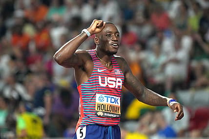 Aug 21, 2023; Budapest, Hungary; Grant Holloway (USA) celebrates after winning the 110m hurdles in 12.96 during the World Athletics Championships Budapest 23 at National Athletics Centre. Mandatory Credit: Kirby Lee-USA TODAY Sports
