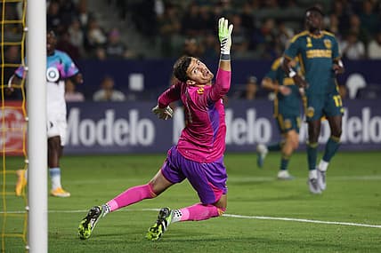 Sep 20, 2023; Carson, California, USA;  Los Angeles Galaxy goalkeeper Jonathan Bond (1) misses a save during the first half against Minnesota United FC at Dignity Health Sports Park. Mandatory Credit: Kiyoshi Mio-USA TODAY Sports