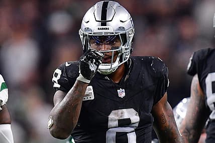 Nov 12, 2023; Paradise, Nevada, USA; Las Vegas Raiders running back Josh Jacobs (8) reacts after getting first down against the New York Jets during the second half at Allegiant Stadium. Mandatory Credit: Gary A. Vasquez-USA TODAY Sports