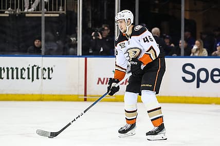 Dec 15, 2023; New York, New York, USA;  Anaheim Ducks defenseman Ilya Lyubushkin (46) at Madison Square Garden. Mandatory Credit: Wendell Cruz-USA TODAY Sports