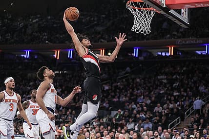 Jan 9, 2024; New York, New York, USA; Portland Trail Blazers guard Shaedon Sharpe (17) goes up for a dunk in the second quarter against the New York Knicks at Madison Square Garden. Mandatory Credit: Wendell Cruz-USA TODAY Sports