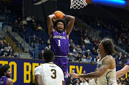 Jan 18, 2024; Berkeley, California, USA; Washington Huskies forward Keion Brooks Jr. (1) dunks against the California Golden Bears during the first half at Haas Pavilion. Mandatory Credit: Darren Yamashita-USA TODAY Sports