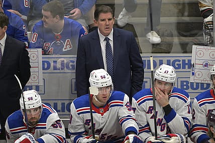 Jan 21, 2024; Anaheim, California, USA; New York Rangers head coach Peter Laviolette looks on from the bench in the second period against the Anaheim Ducks at Honda Center. Mandatory Credit: Jayne Kamin-Oncea-USA TODAY Sports
