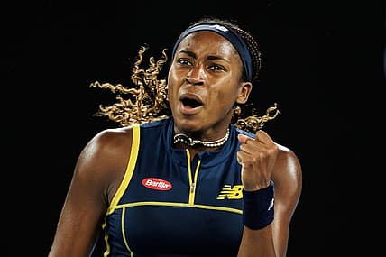 Jan 25, 2024; Melbourne, Victoria, Australia; Coco Gauff of the United States celebrates against Aryna Sabalenka of Belarus in the semi-final of the women s singles at the Australian Open. Mandatory Credit: Mike Frey-USA TODAY Sports