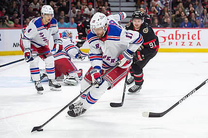 Jan 27, 2024; Ottawa, Ontario, CAN; New York Rangers right wing Blake Wheeler (17) skates with the puck in the first period against the Ottawa Senators at the Canadian Tire Centre. Mandatory Credit: Marc DesRosiers-USA TODAY Sports
