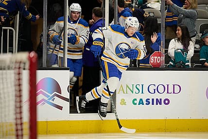 Jan 27, 2024; San Jose, California, USA; Buffalo Sabres left wing Jeff Skinner (53) steps onto the ice for warmups before the game between the San Jose Sharks and the Buffalo Sabres at SAP Center at San Jose. Mandatory Credit: Robert Edwards-USA TODAY Sports