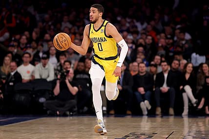 Feb 1, 2024; New York, New York, USA; Indiana Pacers guard Tyrese Haliburton (0) brings the ball up court against the New York Knicks during the first quarter at Madison Square Garden. Mandatory Credit: Brad Penner-USA TODAY Sports