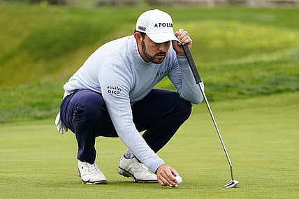 Feb 3, 2024; Pebble Beach, California, USA; Patrick Cantlay lines up his putt on the fifth hole during the third round of the AT&T Pebble Beach Pro-Am golf tournament at Pebble Beach Golf Links. Mandatory Credit: Michael Madrid-USA TODAY Sports