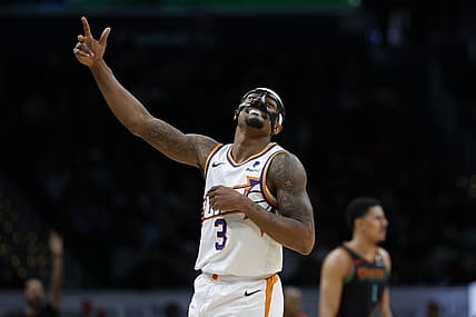 Feb 4, 2024; Washington, District of Columbia, USA; Phoenix Suns guard Bradley Beal (3) celebrates after a three point field goal against the Washington Wizards in the second half at Capital One Arena. Mandatory Credit: Geoff Burke-USA TODAY Sports