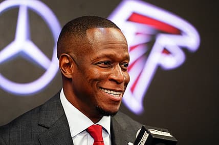 Feb 5, 2024; Atlanta, GA, USA; Raheem Morris address the media after being introduced as the new head coach of the Atlanta Falcons at Mercedes-Benz Stadium. Mandatory Credit: John David Mercer-USA TODAY Sports