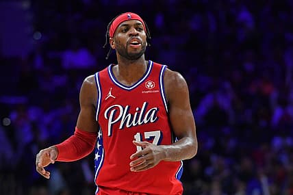 Feb 9, 2024; Philadelphia, Pennsylvania, USA;  Philadelphia 76ers guard Buddy Hield (17) against the Atlanta Hawks during the third quarter at Wells Fargo Center. Mandatory Credit: Eric Hartline-USA TODAY Sports