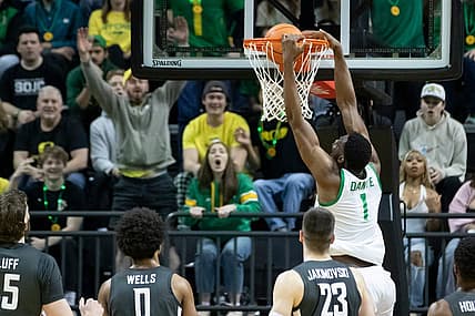 Oregon center N'Faly Dante dunks the ball as the Oregon Ducks host the Washington State Cougars Saturday Feb. 10, 2024 at Matthew Knight Arena in Eugene, Ore.