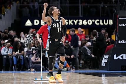 Feb 12, 2024; Atlanta, Georgia, USA; Atlanta Hawks guard Trae Young (11) gestures after being called for a technical foul against the Chicago Bulls during the second half at State Farm Arena. Mandatory Credit: Dale Zanine-USA TODAY Sports